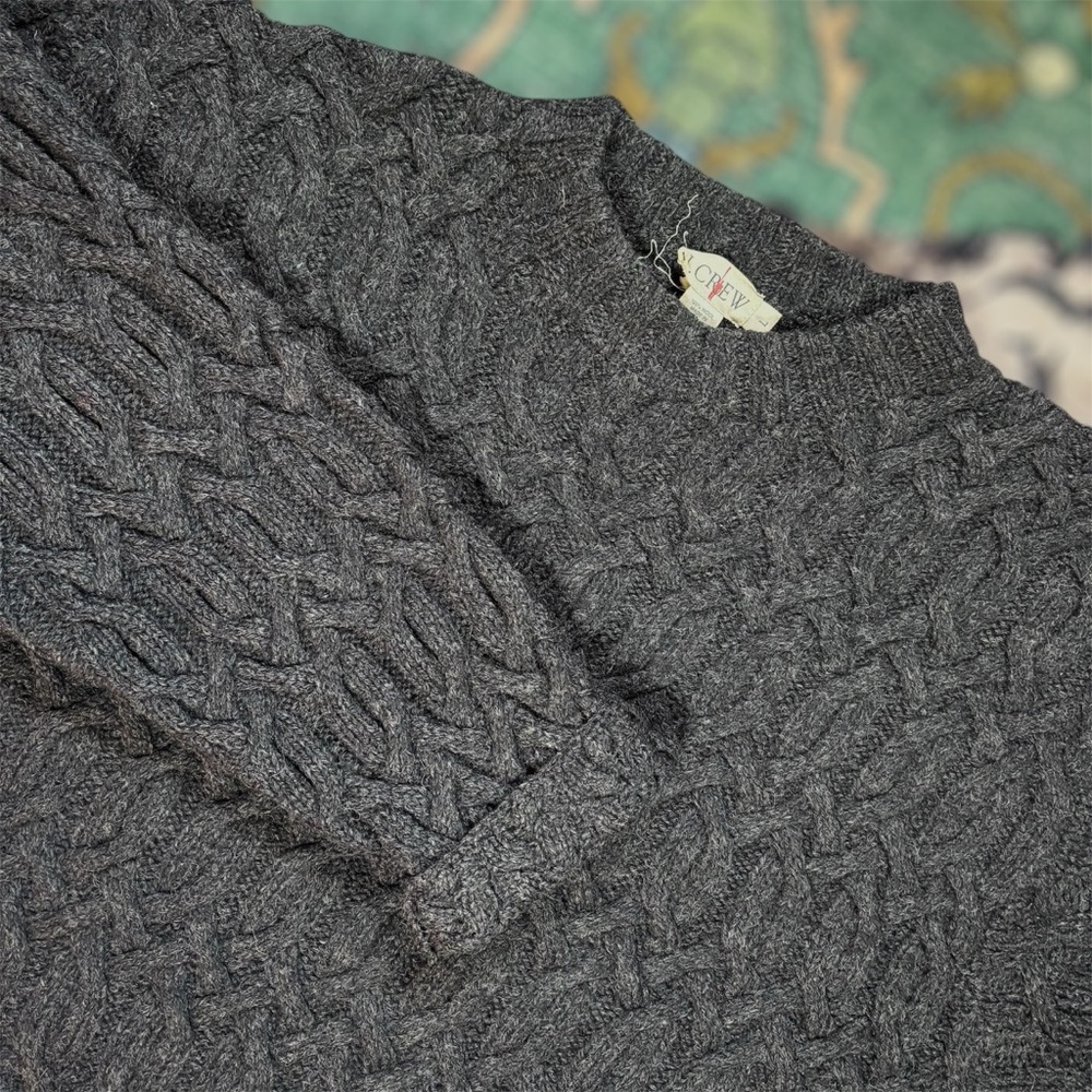 J Crew Oarsman Chunky Cable Knit Sweater 100% Wool Gray Fisherman Classic Large